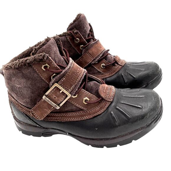 Timberland Mallard Boots Women Sz 6 Dark Brown Mid Bungee with Strap and Buckle - Picture 1 of 9